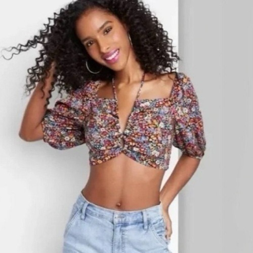 Wild Fable Womens Crop Babydoll Top Size L Boho Floral Smocked Tie Neck Festival